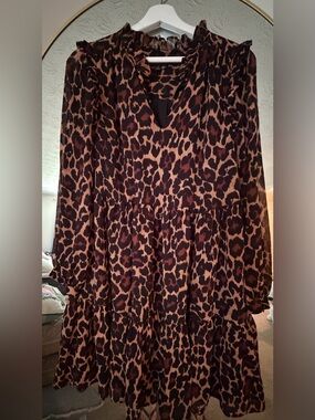 J. Crew Leopard Print Long Sleeve V-Neck Tiered Dress - Brown/Black